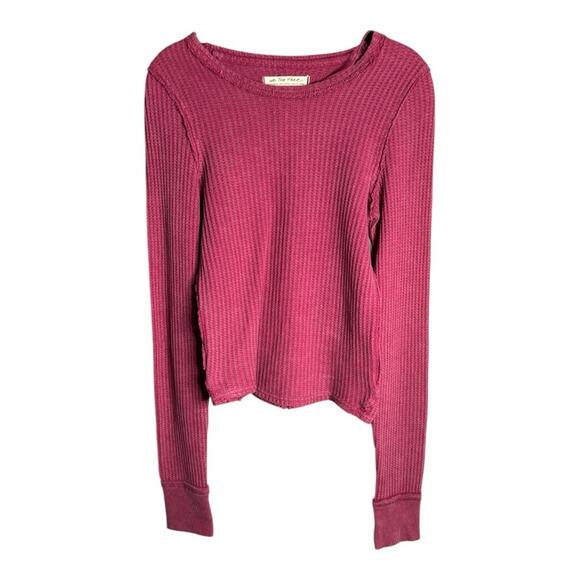 Free People Dark Pink Long Sleeve Waffle Knit Top With Raw Hems Size XS - Picture 1 of 7